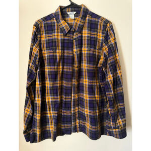 Men's Duluth Trading Co Plaid Button Down Shirt L Purple Orange 100% Cotton